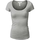 Active Basic Womens Plain Basic Deep Scoop Neck with Cap Short Sleeves, Heather Gray, Large