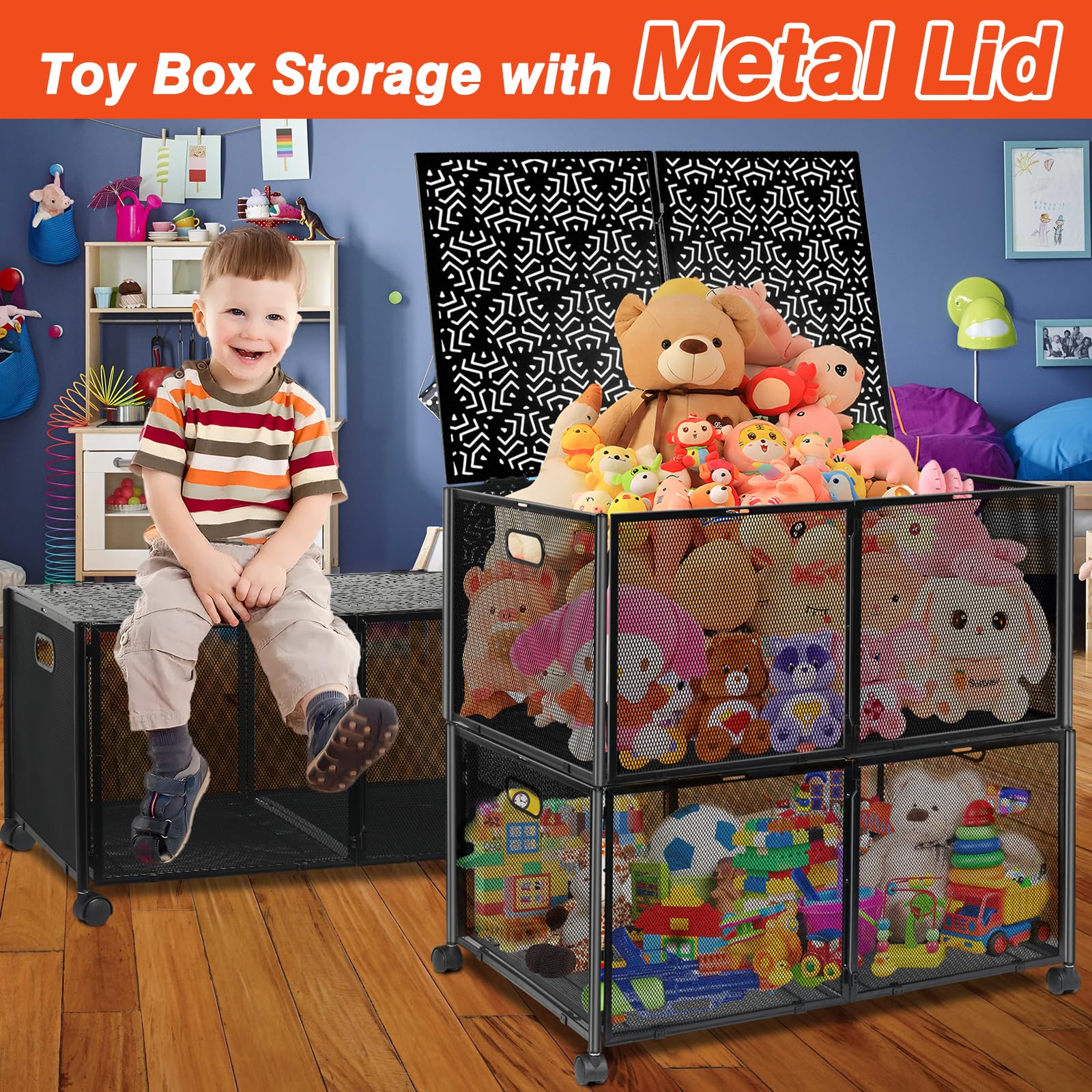 Haturi Large Metal Storage Box, 2 Pack Storage Organizers with Metal Lid, Sturdy Storage Bin with Wheels for Clothes, Blankets, Living Room, Bedroom, Office (Black Collapsible)