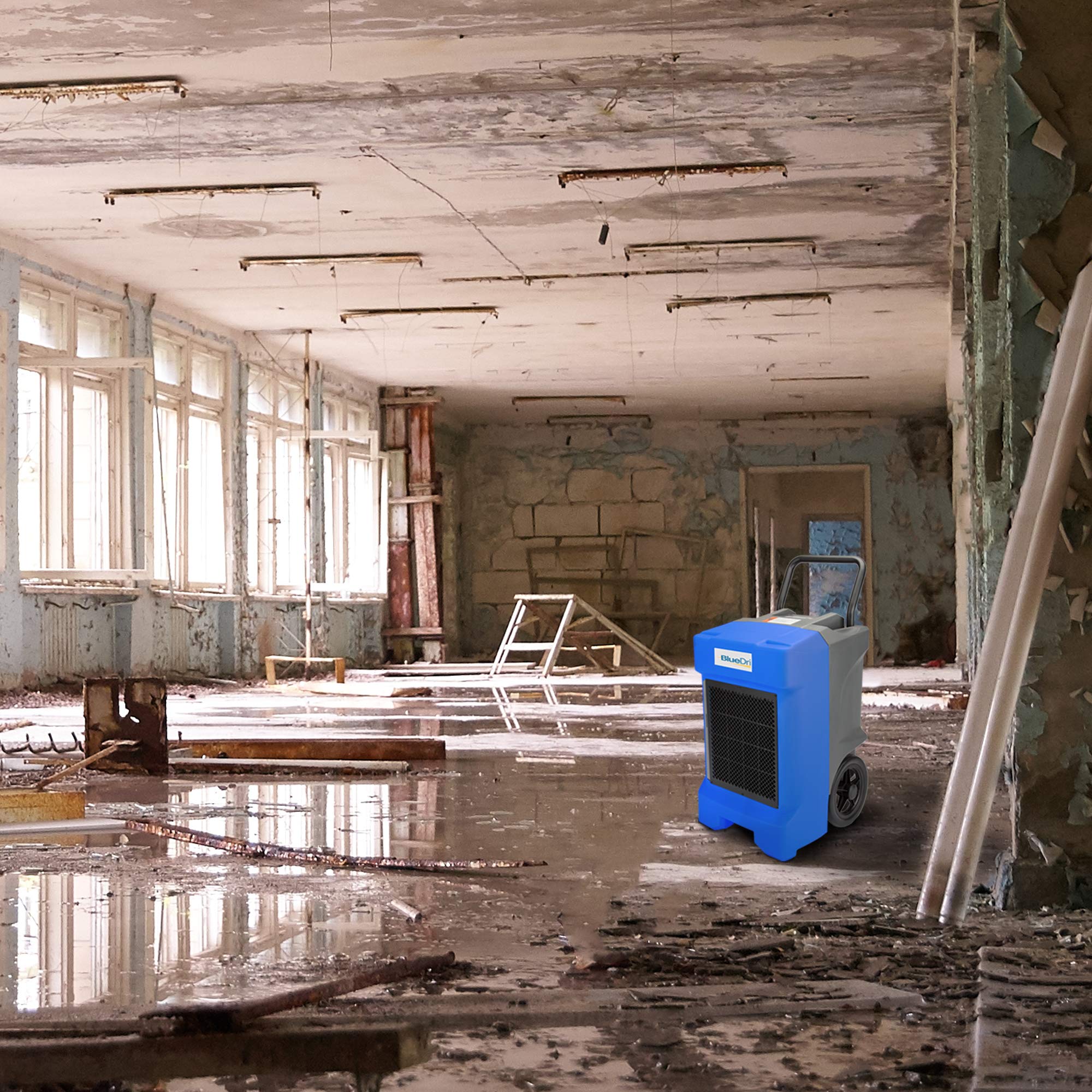 BlueDri BD-130P 225PPD Industrial Water Damage Equipment Commercial Dehumidifier with Hose for Basements in Homes and Job Sites, Gray