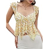 RoseSeek Women's Ruffle Layered Floral Mesh Tank Top Sweetheart Neck Sleeveless Going Out Crop Tops