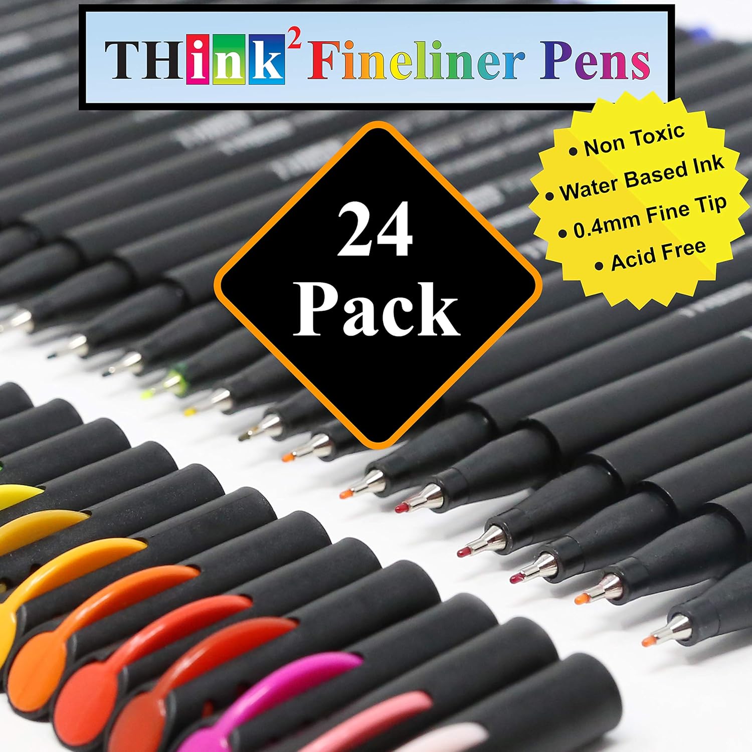 Think2 24 Fineliner Assorted Color Pens Set. 0.4 Extra Fine Tip is great for Bullet Journaling, Writing, Note Taking, Calendar, Coloring, Art, Scrapbook. Ideal for girls, kids, teens & adults : Office Products