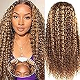 virginess Ombre Highlight Wear and Go Glueless Wigs Human Hair Pre Plucked Pre Cut Deep Wave Lace Front Wigs Human Hair 4x4 Lace Closure Wig for Black Women 180% Density Curly Wig 28 Inch
