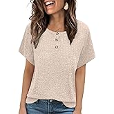 MixShe Womens Ribbed Knit Short Sleeve Tops Button Front Crew Neck Casual Lightweight Blouses