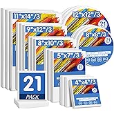 FIXSMITH 21 Pack Stretched Canvases, Multi Pack - 4x4, 5x7, 8x10, 9x12, 11x14, Round Canvas 12x12, 8x8 (3 of Each), 100% Cotton, Primed Canvases for Acrylic, Oil, Wet or Dry Art Media