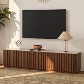 homary 83" Fluted TV Stand, Modern Entertainment Center with Sintered Stone Top, Media Console with Storage Cabinets, LED Lighting &amp; Cable Management for Living Room (Walnut, TV Stand)