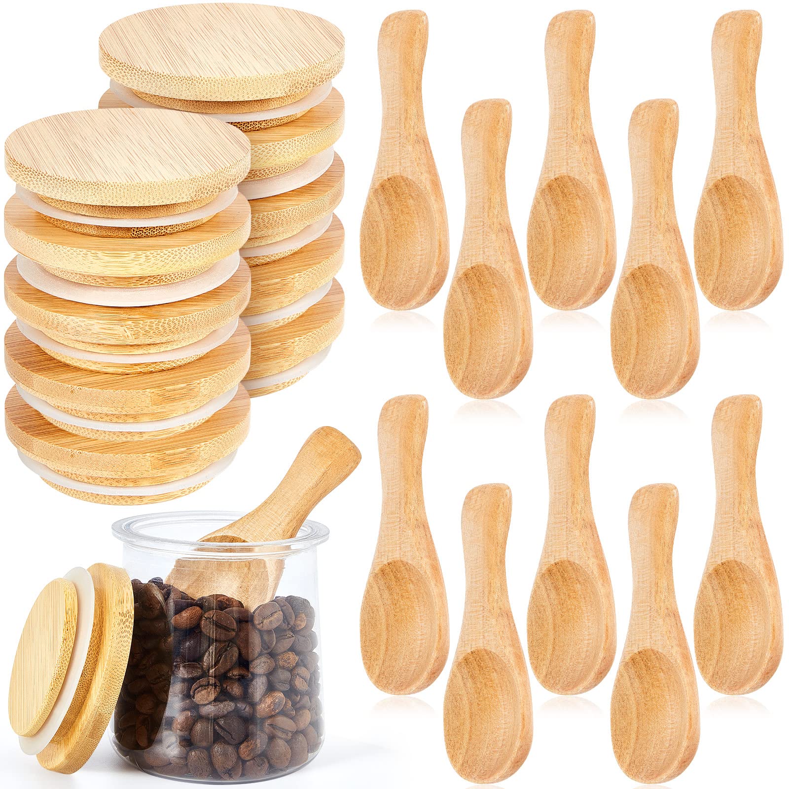 Photo 1 of ***(JARS NOT INCLUDED)***Tessco 20 Pcs Yogurt Jar Lids with Small Spoons Bamboo Jar Lids with Silicone Sealing Rings Wooden Spoons for Bamboo Lids Compatible with Oui Yogurt Wood Cookie Glass Storage Lids