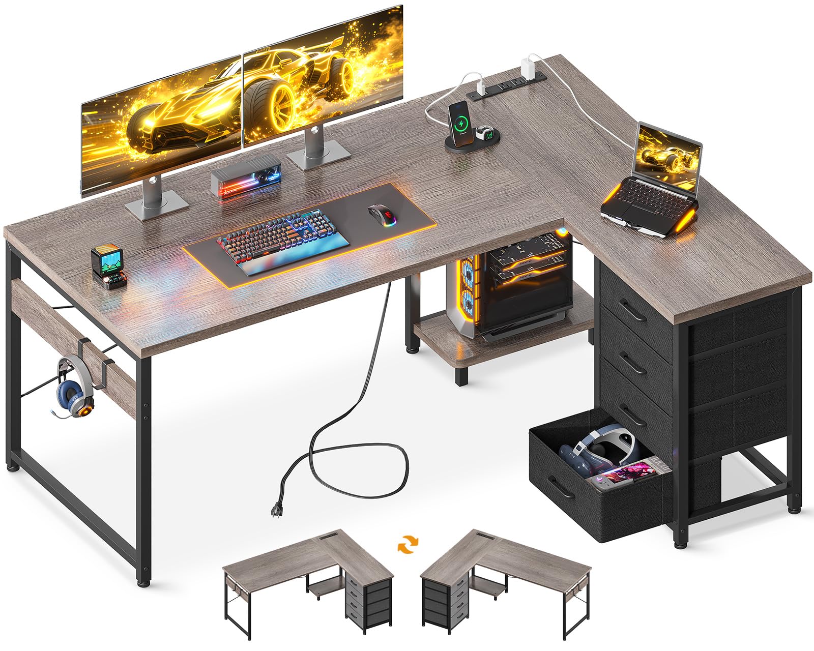 AODK L Shaped Desk with 4 Tier Drawers, 53" Reversible Gaming Desk with Power Outlets, L Shaped Computer Desk with USB Charging Port and Host Stand, Home Office Corner Desk, Easy to Assemble, Grey Oak Image
