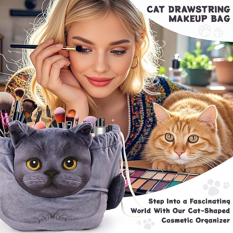 Katzen Kosmetiktasche Kordelzug,Schminktasche Groß,Tragbare Make up Organizer Tasche,Reise Aufbewahrungstasche,Geschenke FüR Katzenliebhaber — Foto 2 von 6