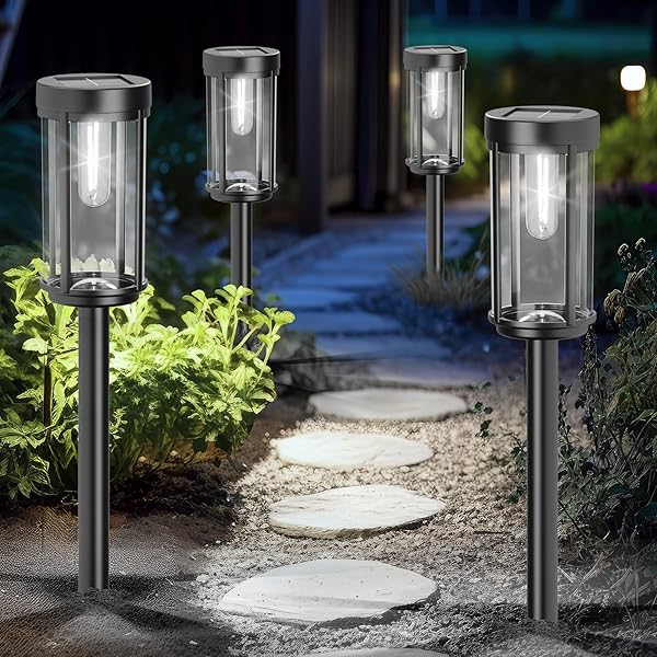 DAMAYCA 12 PACK SOLAR LIGHTS OUTDOOR WATERPROOF FOR GARDEN WALKWAY PATHWAY LAWN YARD DECORATIVE MODERN LANDSCAPE LIGHTING. (COOL WHITE LIGHT, 12)
