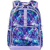 Choco Mocha Galaxy Backpack for Girls, Elementary School Backpack for Girls Ages 6-8 Kids Kindergarten Backpack Bookbag 17 Inch with Chest Strap, Purple