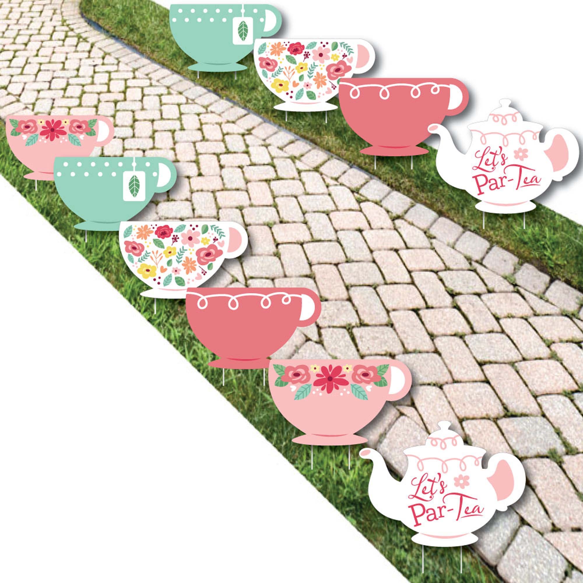 Big Dot of Happiness Floral Lets Par-Tea - Tea Pot and Tea Cup Lawn Decorations - Outdoor Garden Tea Party Yard Decorations - 10 Piece