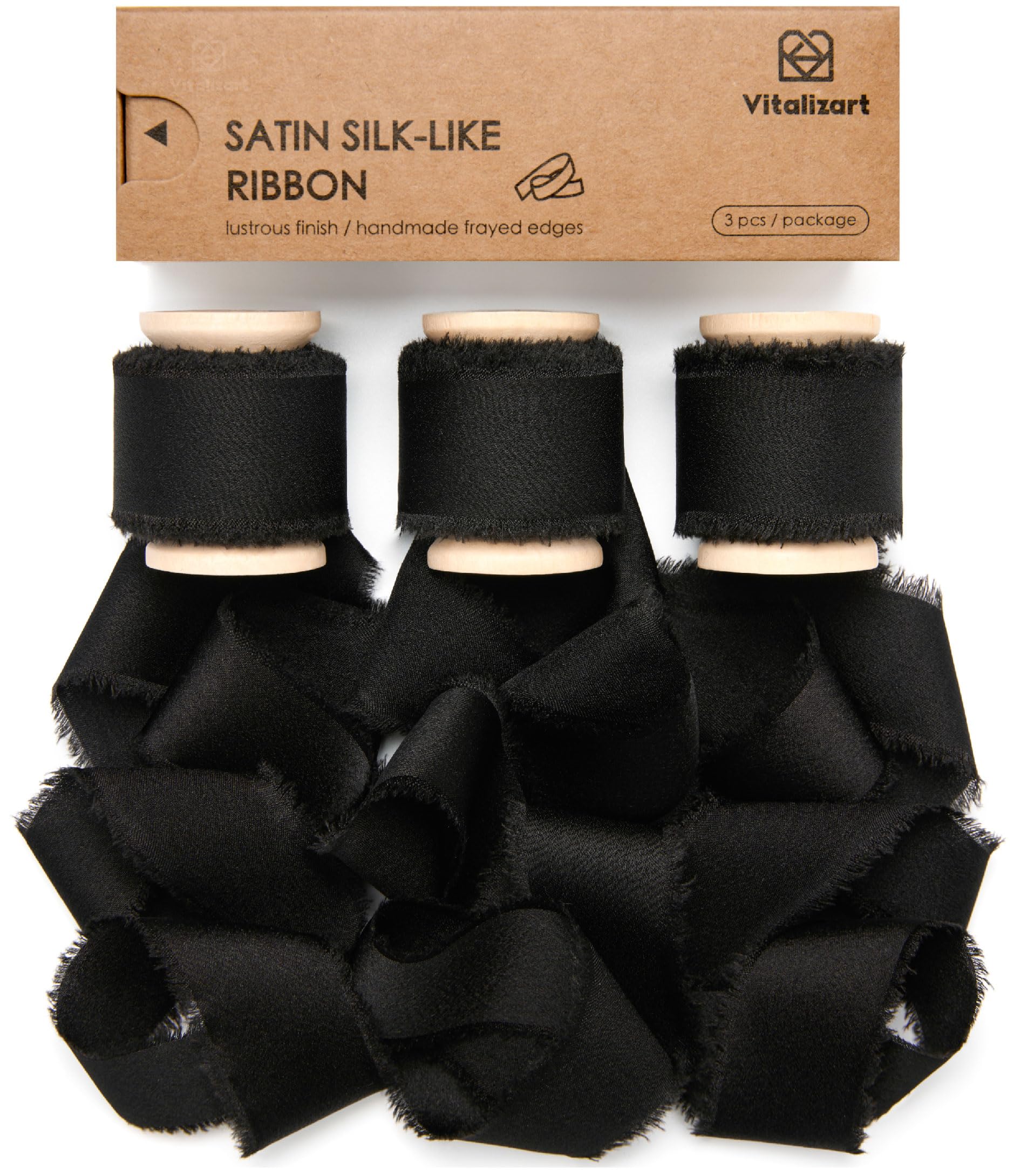 Vitalizart Black Silky Satin Ribbon 1 inch x 15 Yard Wooden Spool Handmade Frayed Ribbon for Gift Wrapping Baby Shower Wedding Bridal Bouquets Holiday Decoration 3 Rolls x 5 Yard