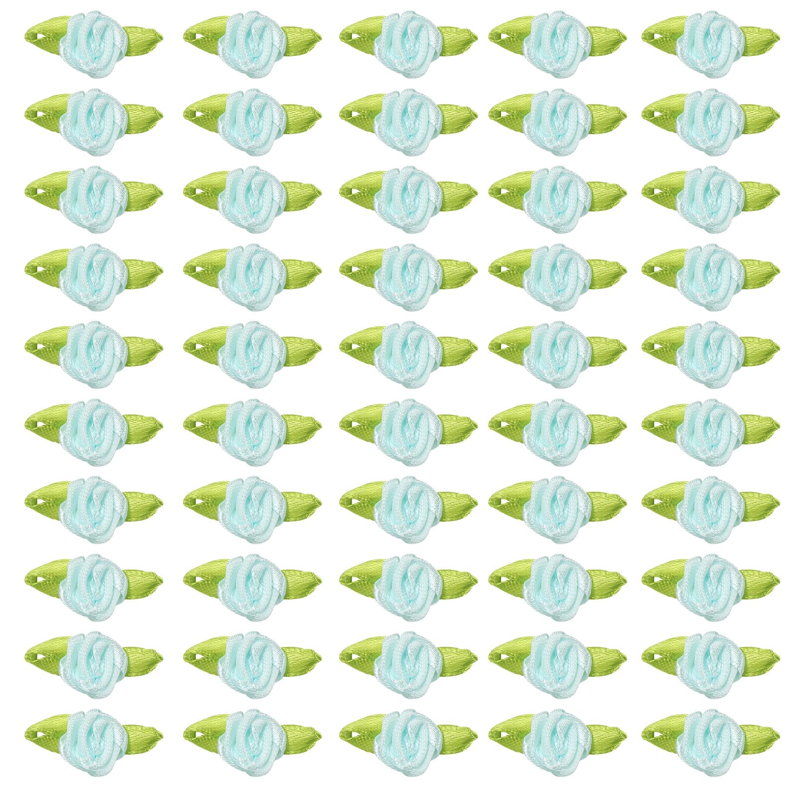 PATIKIL 15mm Tiny Satin Ribbon Rose, 300 Pcs Fabric Flowers Embellishments Rosettes Applique with Green Leaves for DIY Crafts Wedding Decor, Light Blue