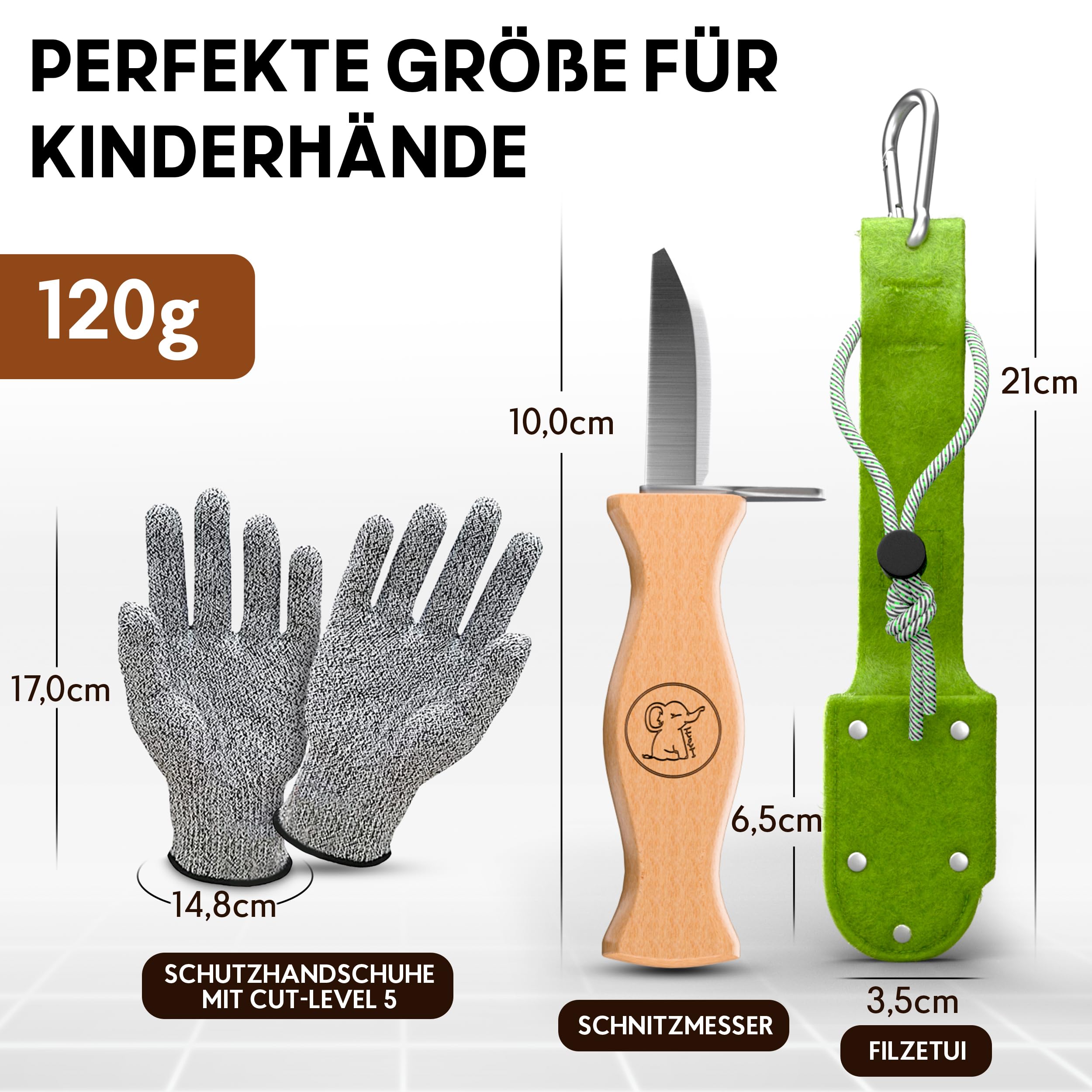 Eli® Schnitzmesser Kinder mit Filztasche ab 6 Jahre - hochwertiges Kindermesser Schnitzset inkl. schnittfeste Handschuhe - Kinderschnitzmesser - Schnitzwerkzeug - Outdoor Messer - grün 7