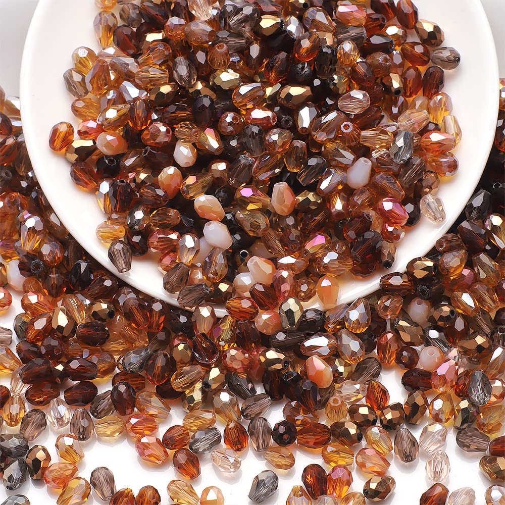Pack of 100 6 x 8 mm Teardrop Shape Glass Beads Simulated Crystal Glass Beads Colourful Glass Beads for Craft Bracelet Jewellery Rings Necklaces Gift Earring Pendants Brown