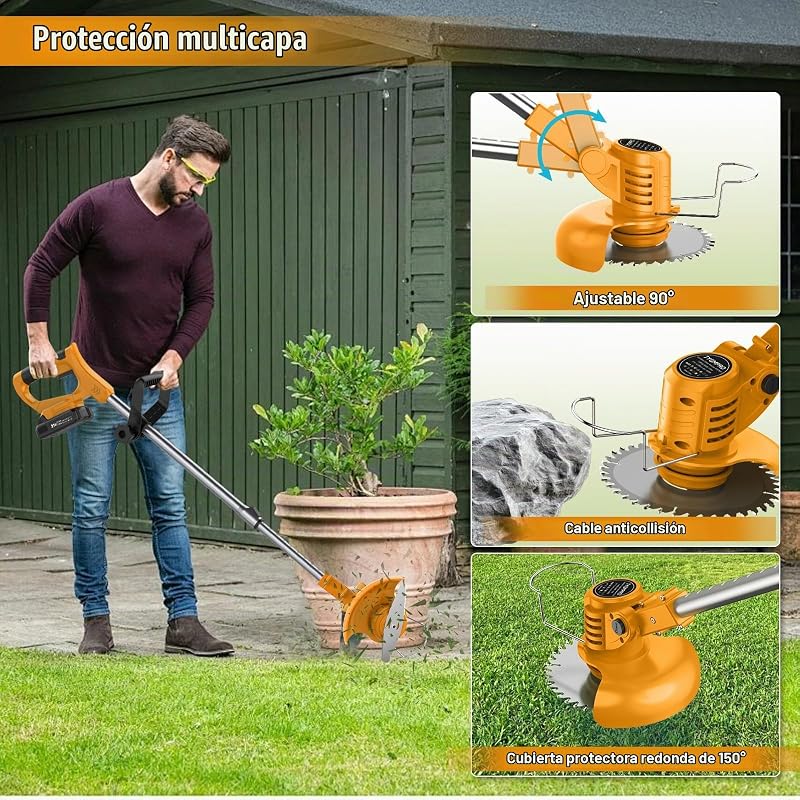 Desbrozadora Batería, Desbrozadora Electrica 21V, Recortadora de Cortabordes Bateria con 2 Baterías 2000 mAh, 2 Tipos de Cuchillas, 11000 RPM y Motor, Mango Telescópico 85-120 cm