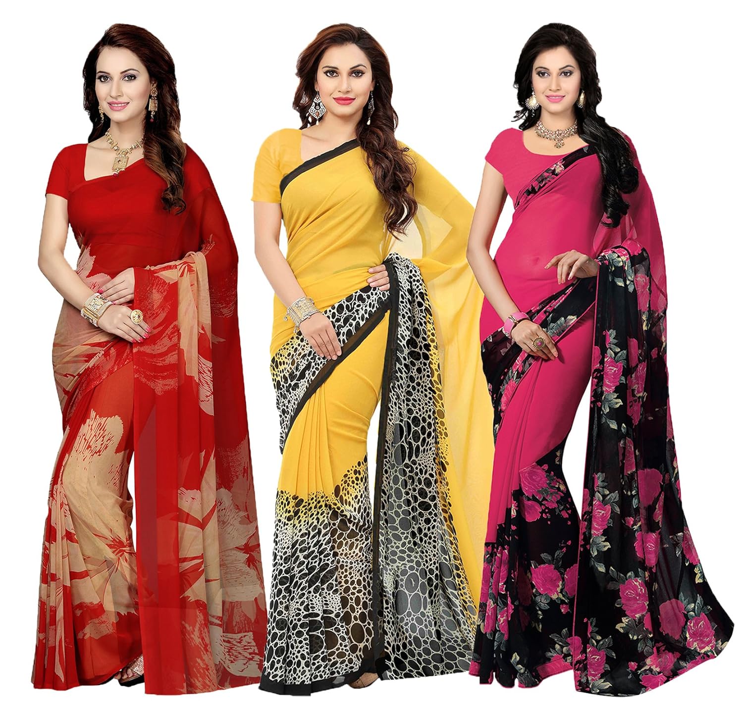 ishin combo of 3 faux georgette multicolor printed women's saree/sari