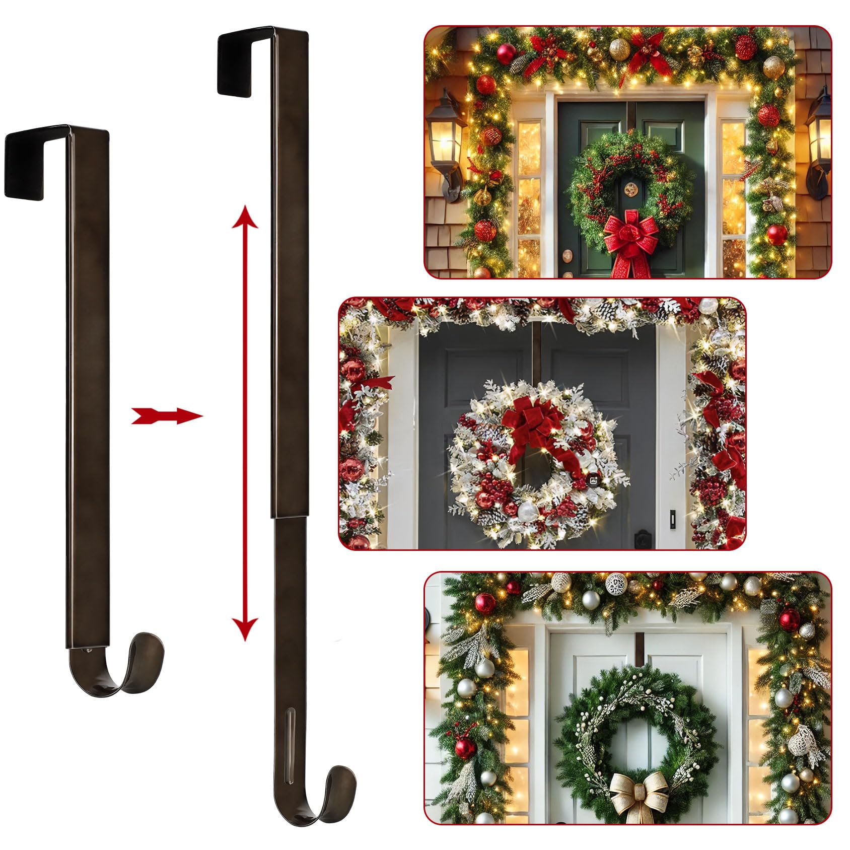 15"to 25" Wreath Door Hanger, Non Scratch Wreath Hangers for Front Door, Metal Door Wreath Hanger Hook Over the Door Hooks, Hanging Fall Easter Christmas Halloween Decor Welcome Sign- Hold Up to 20lbs