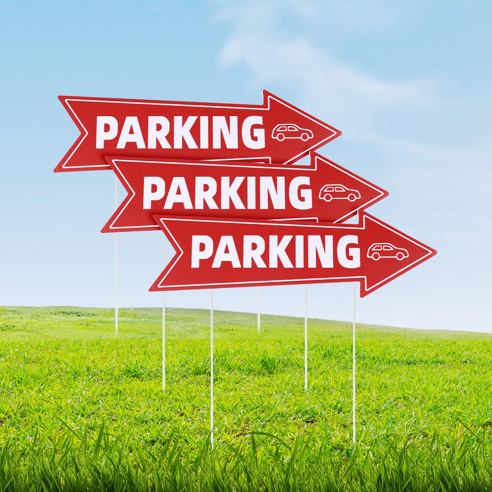 3pcs Directional Parking Sign with Stake, 16x5in Event Parking Signs with Arrows Red & White Corrugated Plastic Parking Signage for Outdoor Yard Lawn