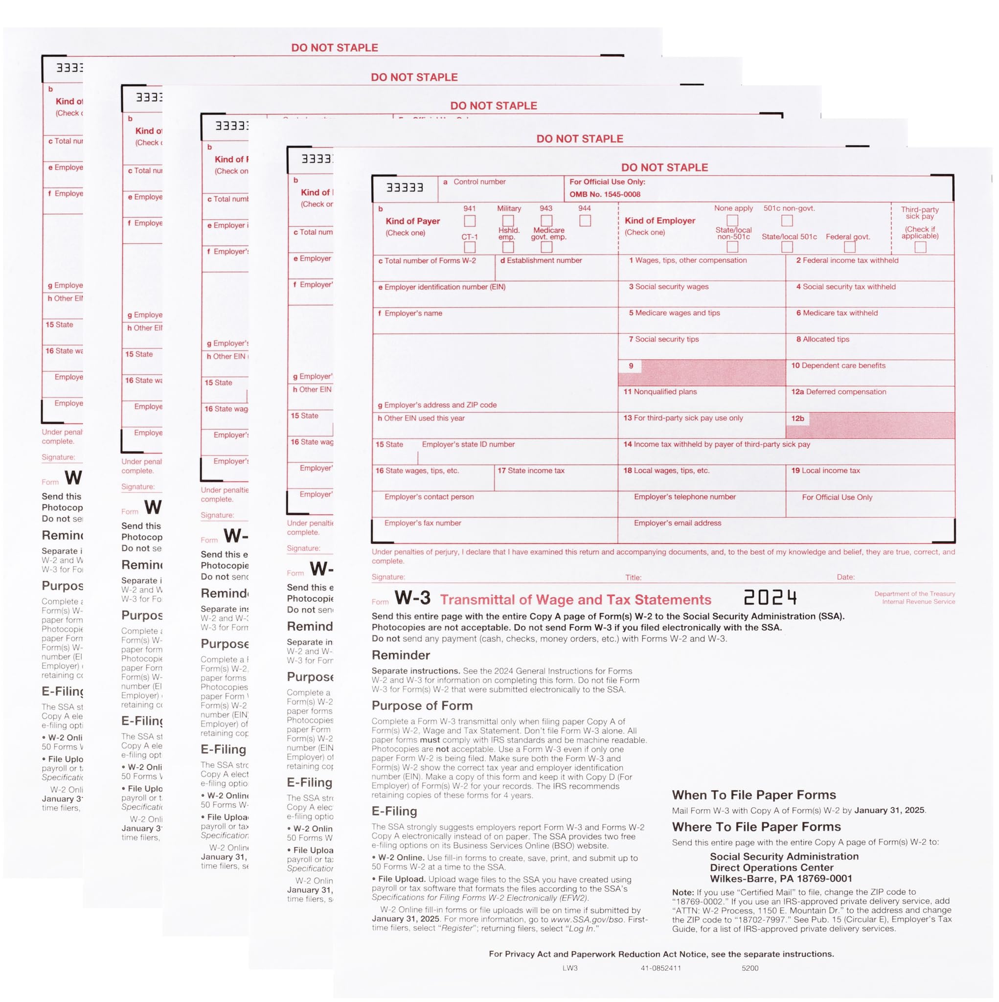 W-3 Tax Transmittal Form 2024 Pack of 10 Laser