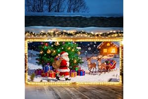 THISFIND 7x16 ft Santa with Reindeer and Christmas Tree Garage Door Banner –Santa Carrying Gifts, Snowy Scene with Tree and Sleigh, Vibrant Seasonal Decoration for Garage, Porch & Driveway