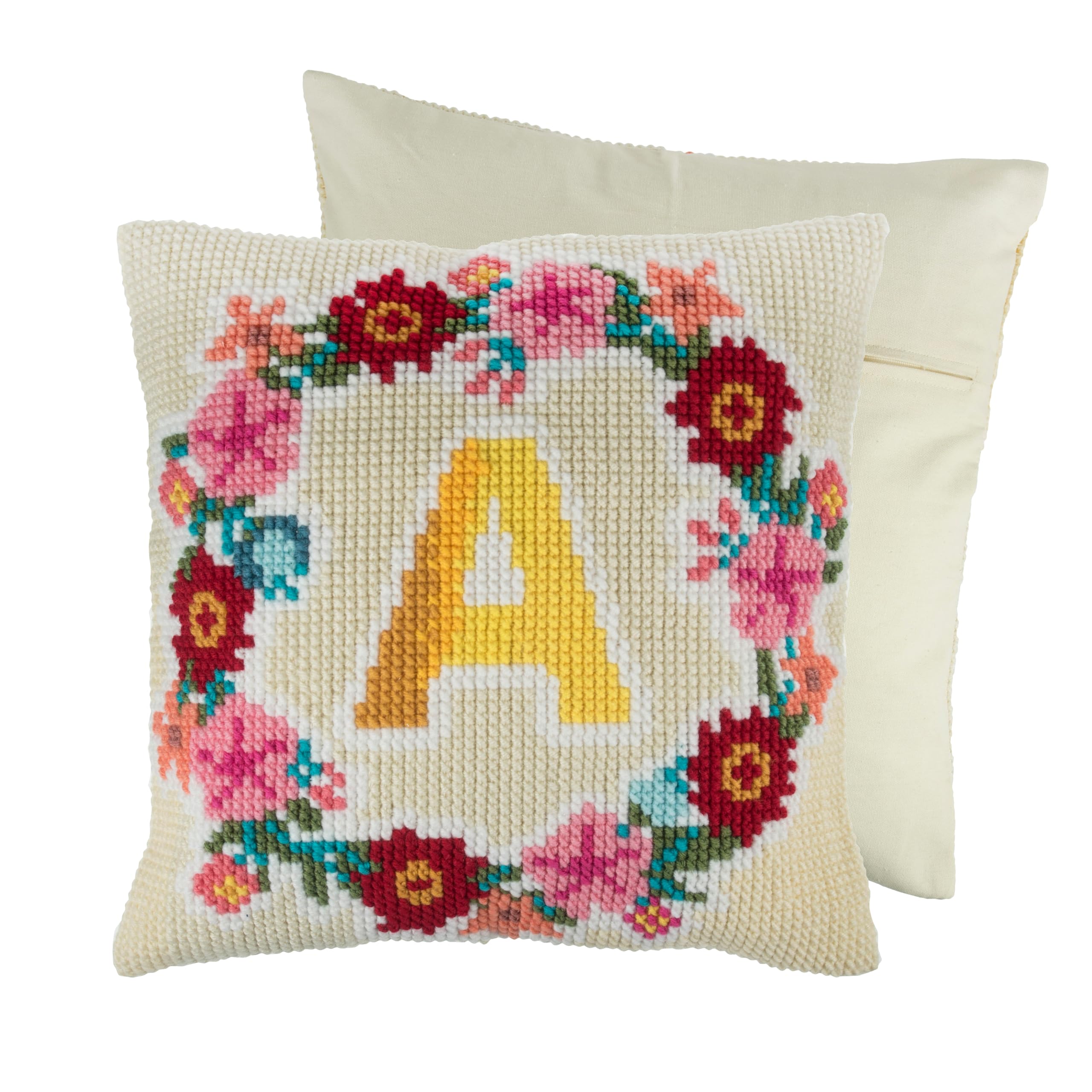 Trimits Cross Stitch Cushion Kit, Cushion Back Included, Pre Printed Canvas, Yarn and Needle Included 40 x 40cm (15.75 x 15.75in), Monogram Wreath
