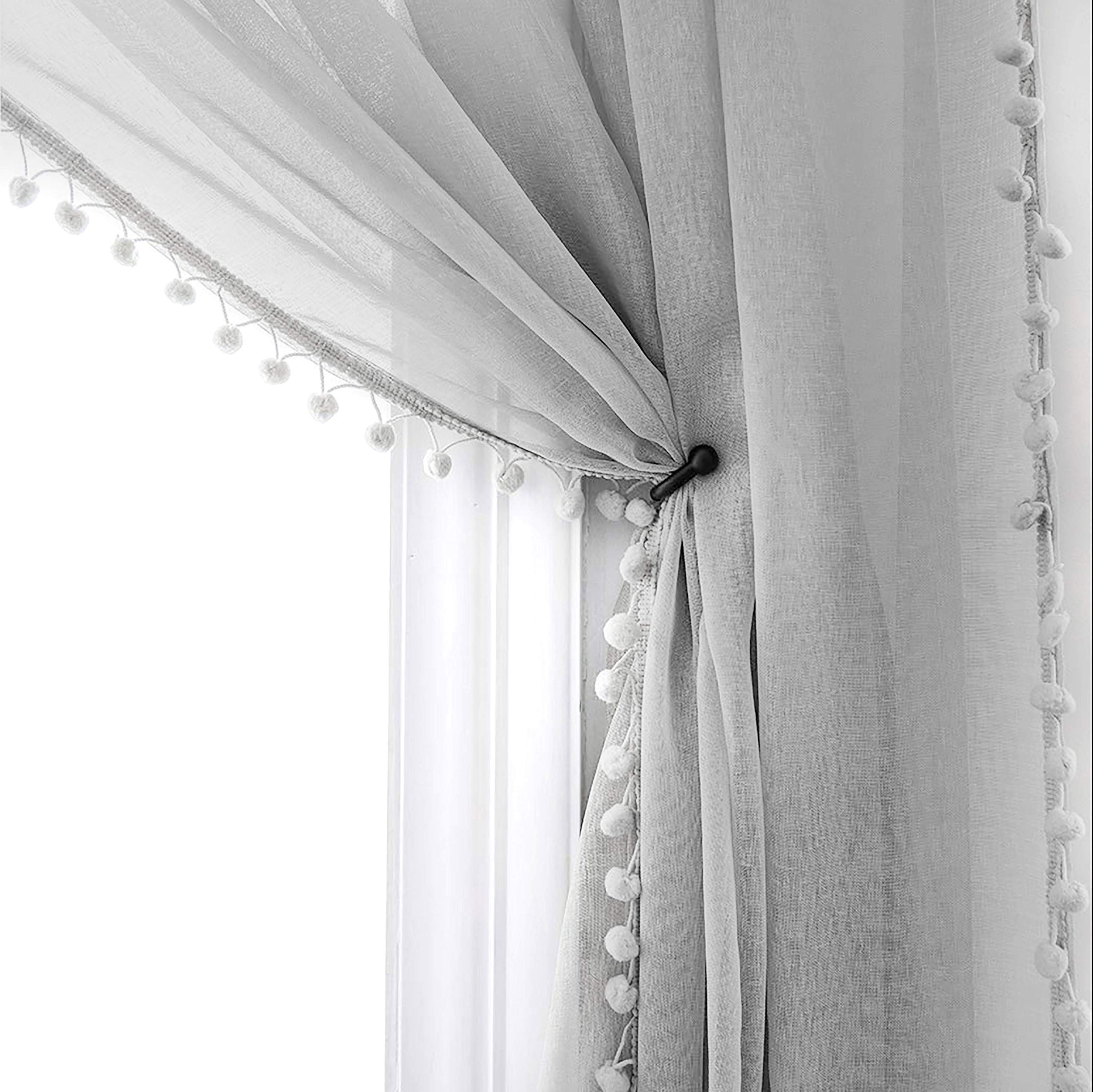 MISS SELECTEX Linen Look Pom Pom Tasseled Sheer Curtains - Rod Pocket Voile Semi-Sheer Curtains for Living and Bedroom, Set of 2 Curtain Panels (52 x 63 inch, Grey)