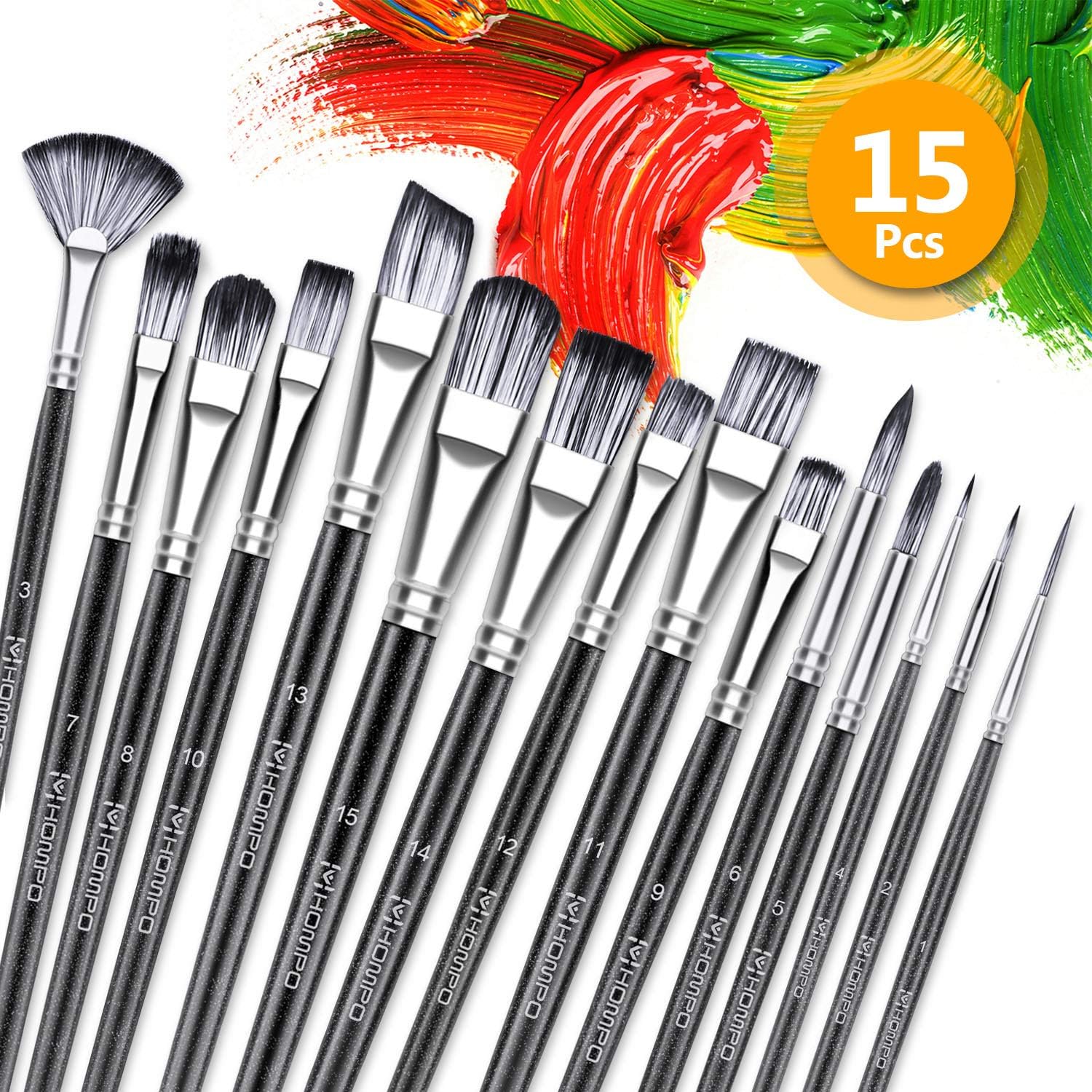 HOMPO Paint Brushes Set, 15pcs Paint Brushes for Acrylic Watercolor Oil Gouache Includes Palette Knife and Sponge Paint Brushes for Artists, Adults & Kids