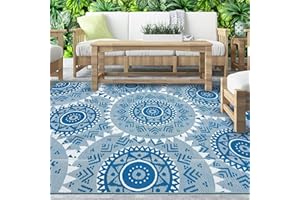 Alfolo Outdoor Rug 8x10 Patio Waterproof Outdoor Plastic Straw Rug Boho Patio Rugs Outdoor Carpet Waterproof Navy Blue Outside Rug,Camping Mat,Durable RV Mat,Bright Patio Decor,Deck,Backyard Decor