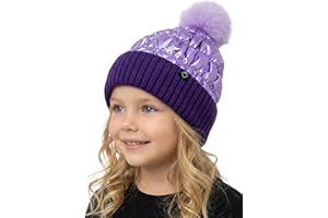 Funky Junque Shiny Puffer Knit Toddler Winter Hat Beanie with Faux Fur Pom-Pom, Fleece Lined, Ages 2-5