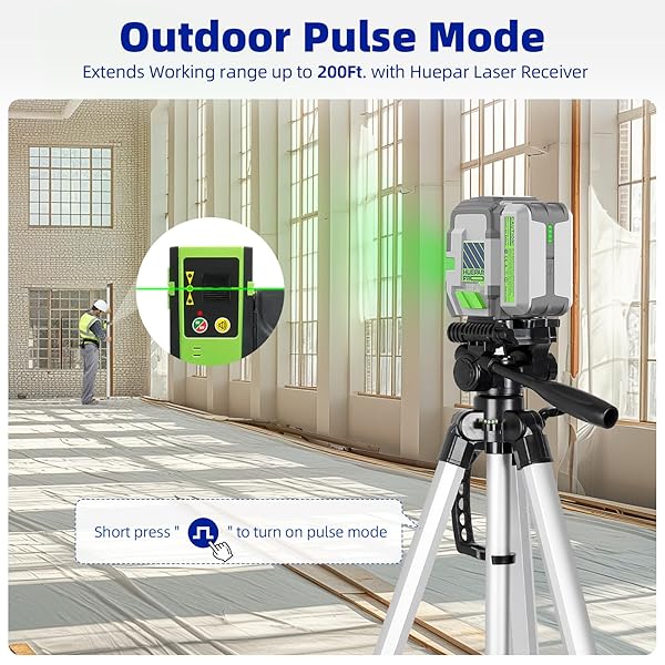 HUEPAR PRO LASER LEVEL RECHARGEABLE, SELF LEVELING GREEN CROSS LINE LASER LEVEL TOOL WITH OUTDOOR PULSE MODE, 18-HOUR LONG RUNTIME, 360° MAGNETIC BRACKET, FOR DIY, CONSTRUCTION, FLOOR TILES&DECORATION