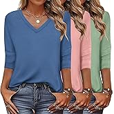 Zeagoo Women's T Shirts 3 Pack 3/4 Sleeve V Neck Basics Tees Casual Loose Fit Soft Fall Tops Outfits 2025 S-XXXL