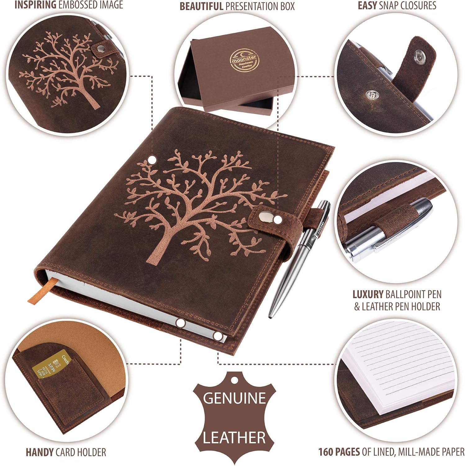moonster Refillable Vintage Leather Journal Notebook, Embossed Tree of Life Diary for Journaling Writing & Notes - Image 3