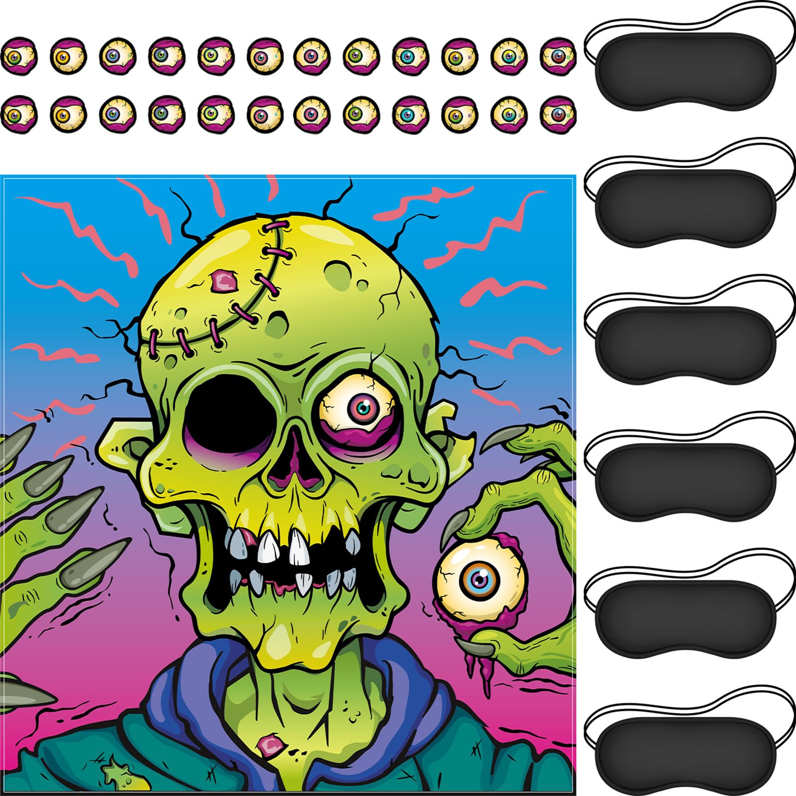 Outus Pin the Eyeball on the Zombie Halloween Party Game, Zombie Game Poster with 24 Eyeball Stickers and 6 Black Eye Masks