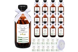 Uiifan 12 Pack Amber Glass Bottles with Caps and 12 Pcs Vanilla Extract Stickers with 1 Roll White Ribbon, Boston Round Bottles for Homemade Syrup Christmas Gift Glass Food Storage Canister (2 oz)