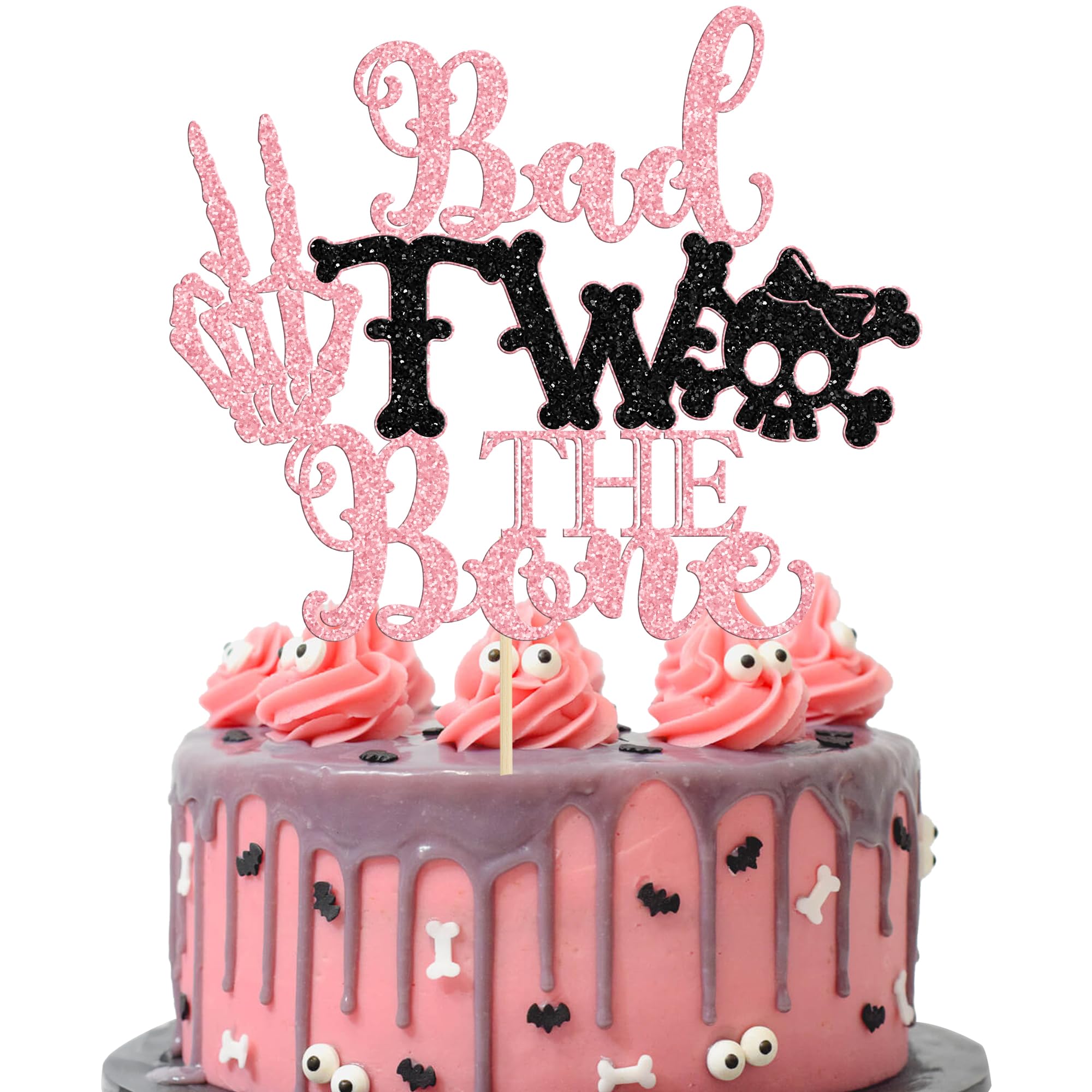 Photo 1 of Gyufise 1 Pack Bad Two the Bone Cake Topper Glitter Skull 2nd Birthday Cake Decoration for Halloween Skull 2nd Birthday Party Decorations Supplies Pink