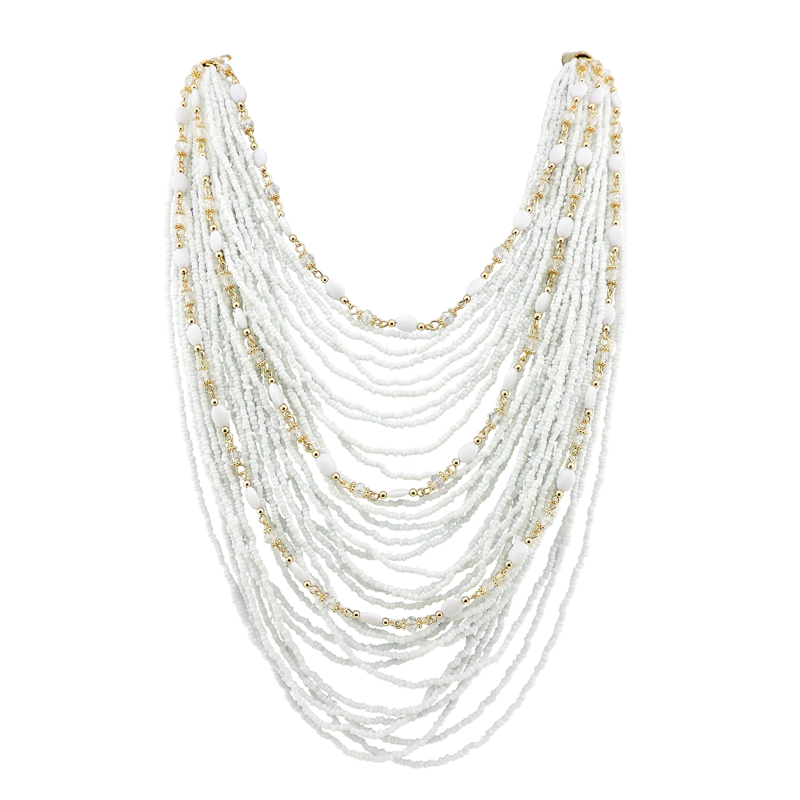BOCAR Multi-layer Long Chain Chunky Bib Seed Beads Statement Necklace (NK-10410-White)