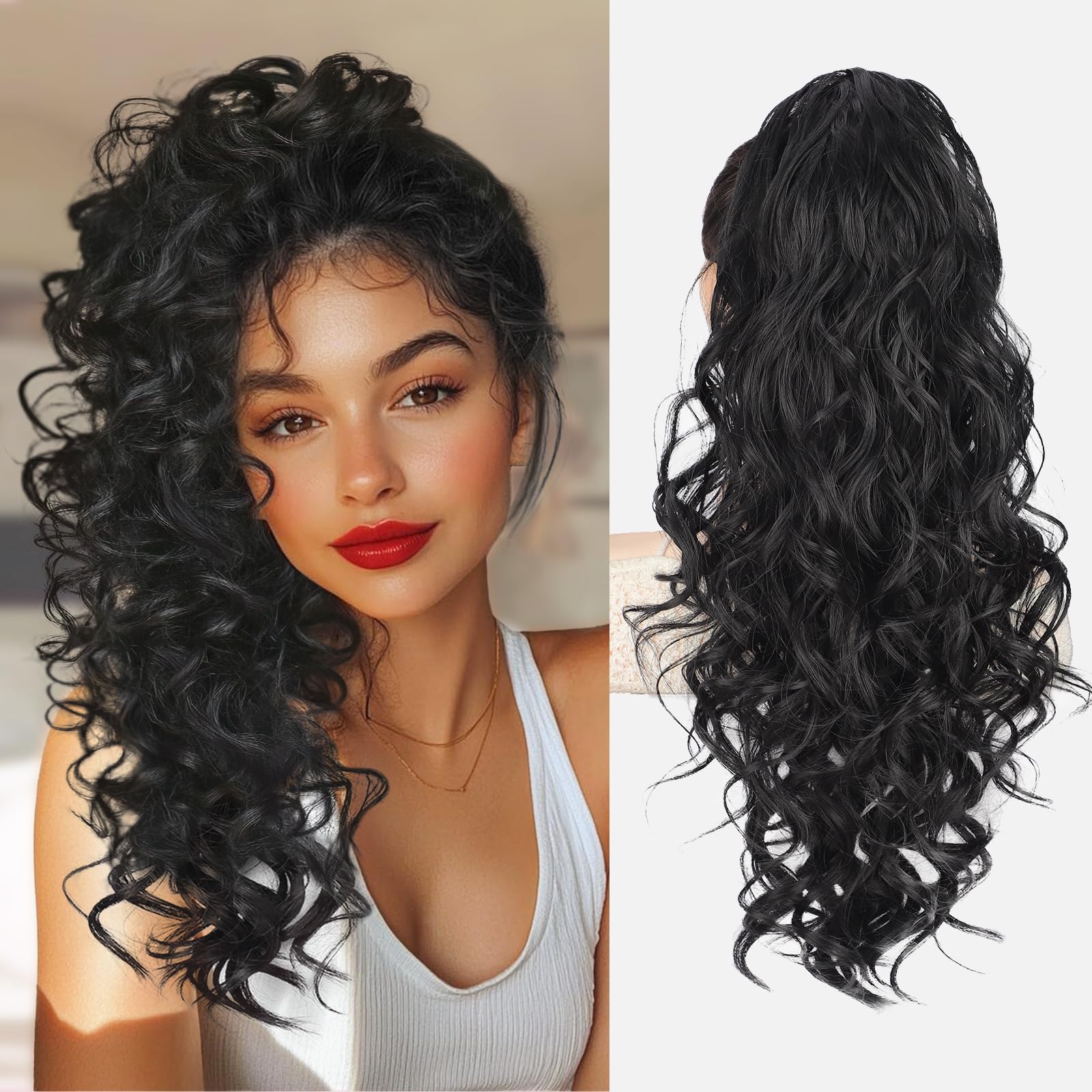 Photo 1 of QGZ Ponytail Extension 20 Inch Claw Clip Ponytail Hair Extension Natural Synthetic Curly Wavy Hairpiece for Women Daily Use(Black)