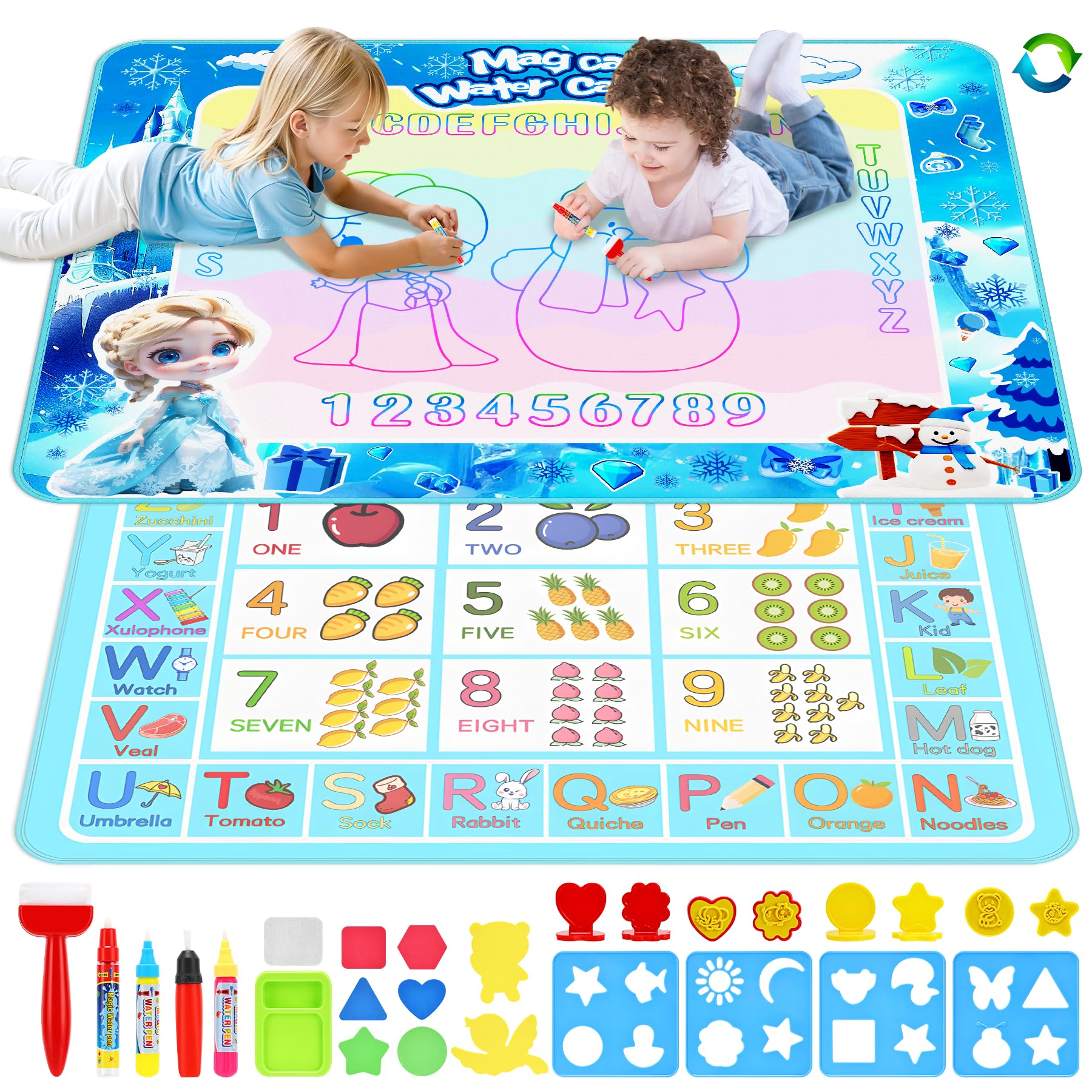Photo 1 of 2 in 1 Water Doodle Mat,Kids Water Painting Doodle Drawing Mat Toy Writing Free Coloring Extra Large Magic Educational Toys for Toddlers Boys Girls Age 3 4 5 6 7 8 Year Old Birthday Gifts