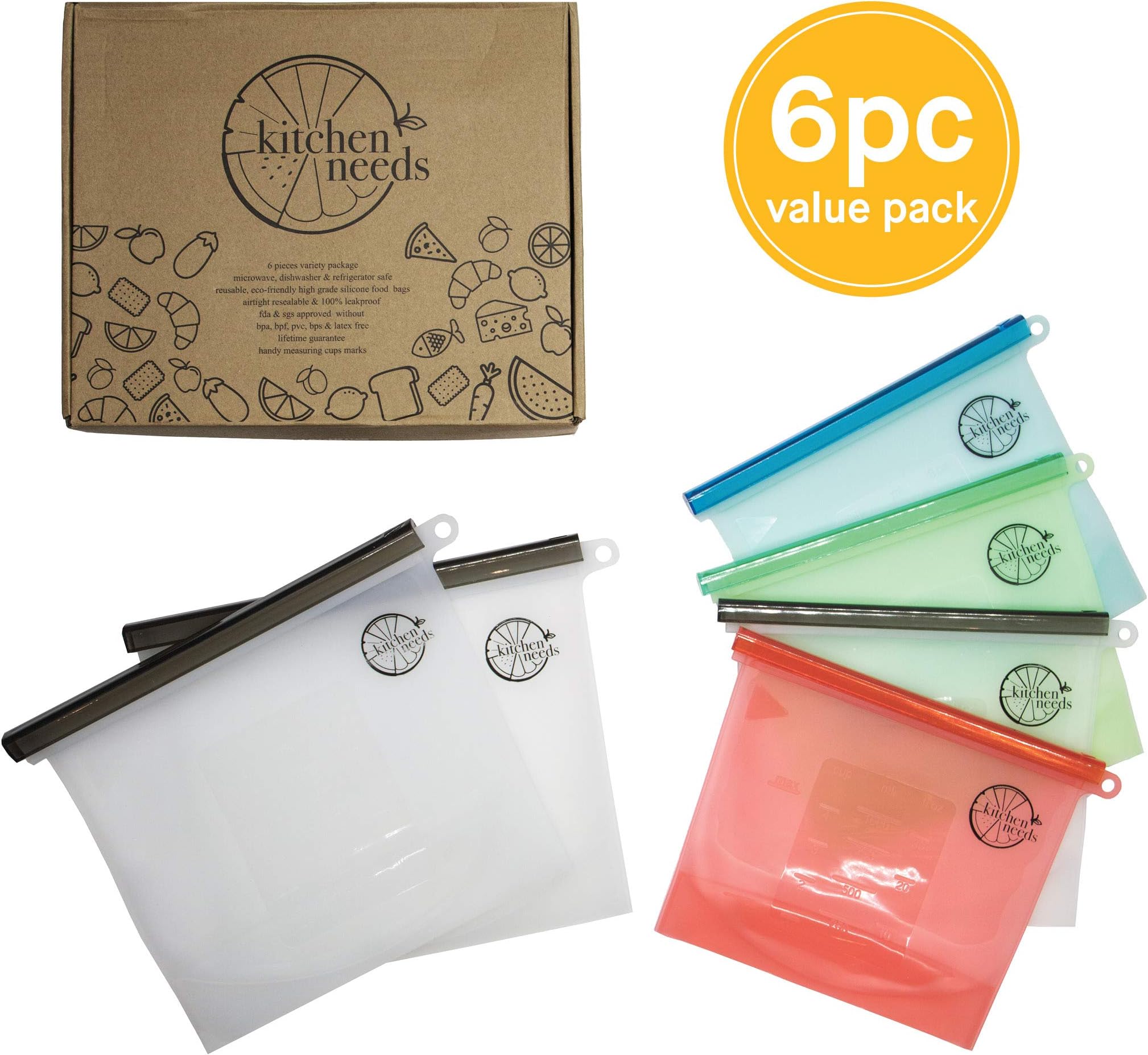 Reusable Silicone Bags | Set of 6 Leakproof Containers for Fruits, Vegetables, Meat, Snacks, Sandwich (4 Medium 34oz, 2 Large 50oz) | Recyclable, Eco-Friendly, Heat Resistant | Made by Kitchen Needs