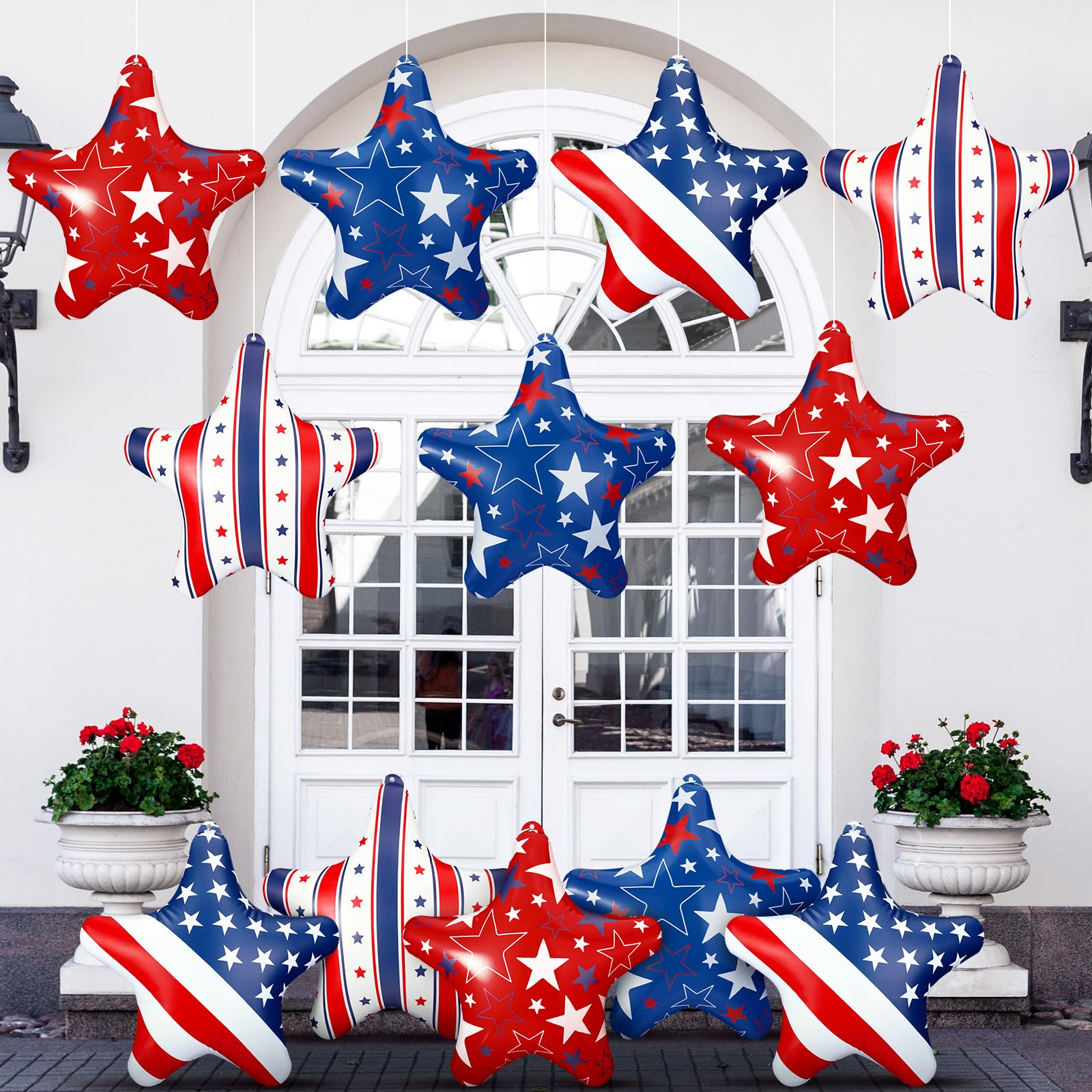 Photo 1 of **HAS POOL FLOATIE TEXTURE** Motionchic 12 Pcs 4th of July Inflatable Star Decorations 11.8 Inch Independence Day Red Blue White Patriotic Outdoor Decorations Blow up PVC Stars Ornament Inflatable Ball Decor for Yard Lawn Garden