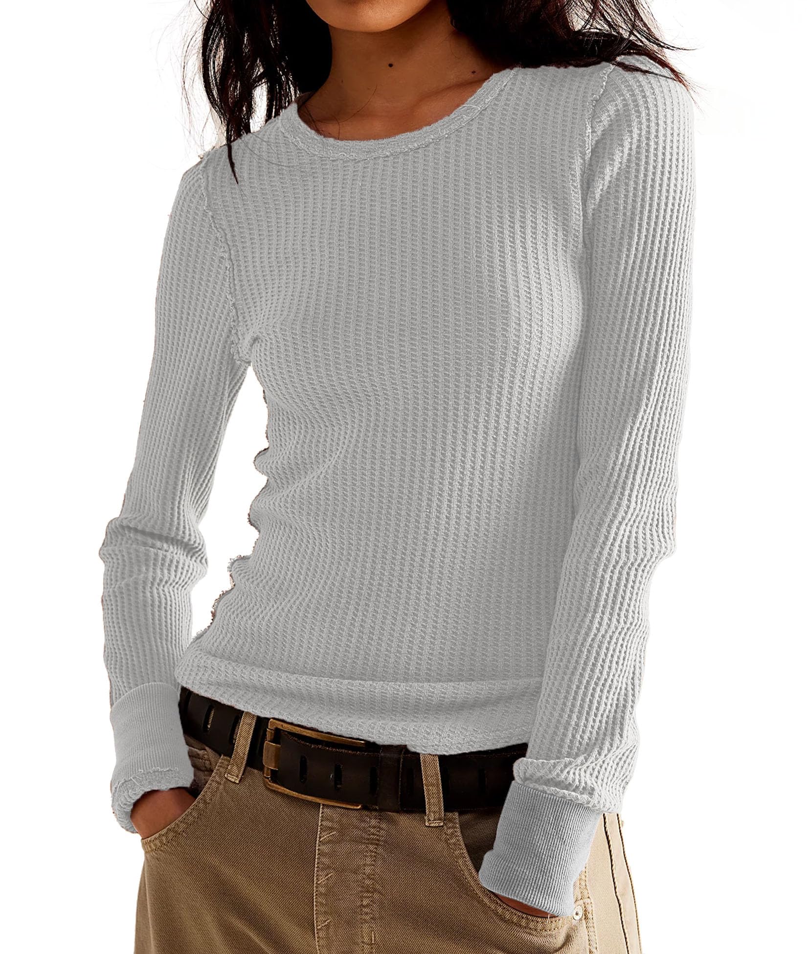 View 1 of *** GREY *** Free People Dupe Top Waffle Knit Tops Long Sleeve Shirts Pullover Womens Fall Fashion 2025 Winter Tops Grey M