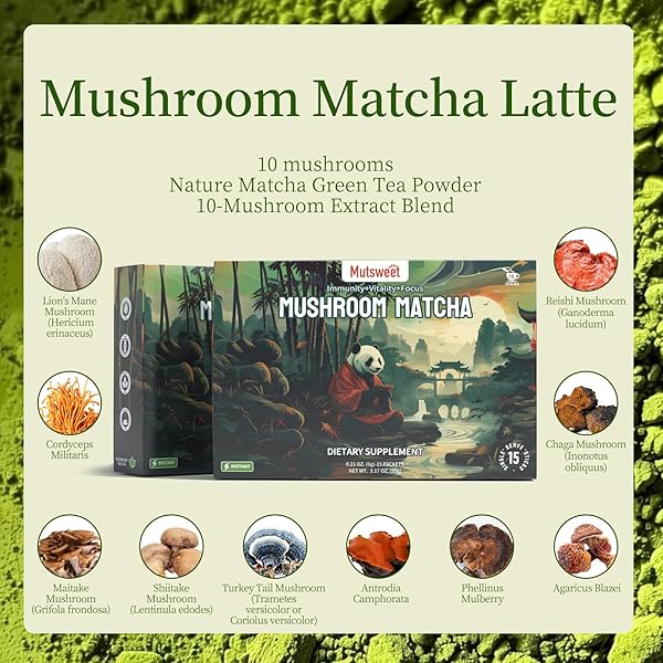 MUTSWEET MATCHA GREEN TEA POWDER WITH 10-IN-1 MUSHROOM & SKIMMED MILK POWDER, GLUTEN-FREE, NON-GMO, SWEETENED MATCHA LATTE BLEND, FOR NATURAL ENERGY, MEMORY, IMMUNE SUPPORT, PORTABLE 30 PACKETS