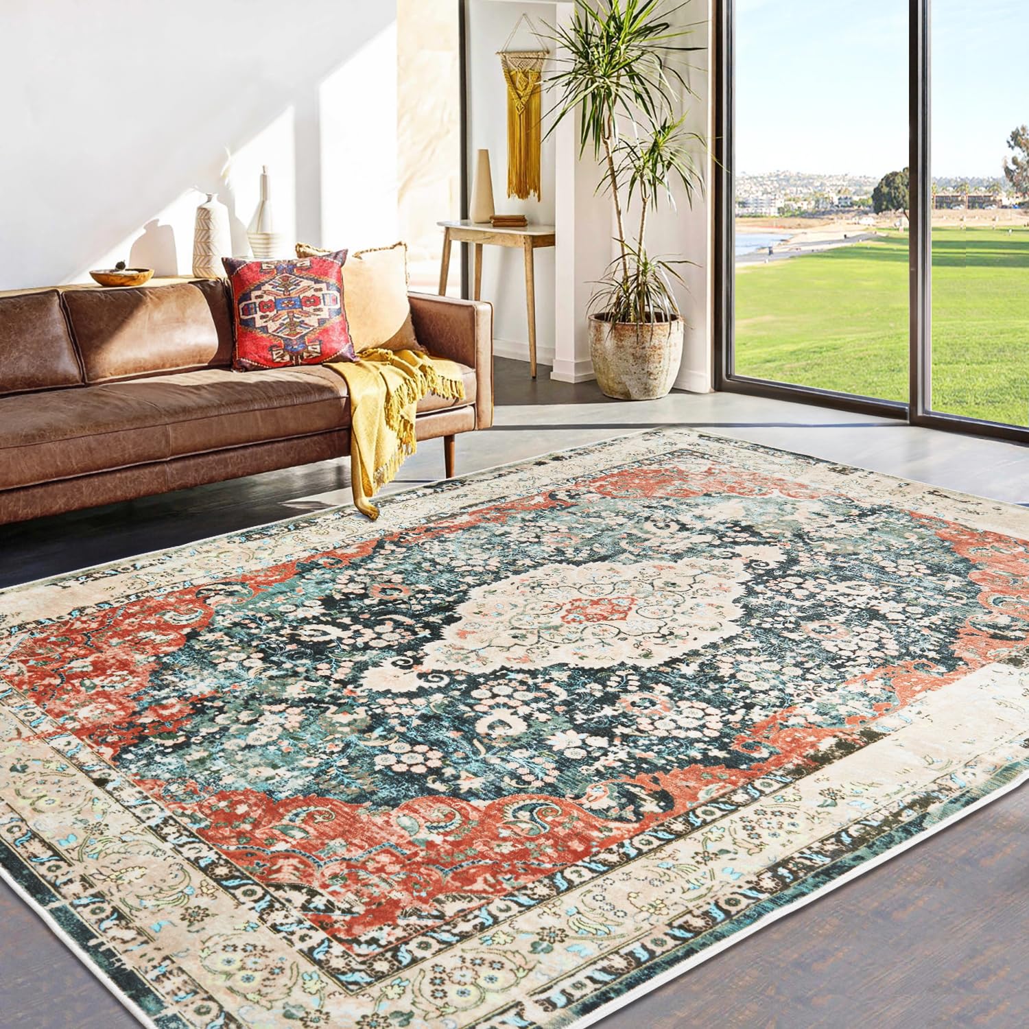 Photo 1 of Topllen Ultra-Thin Vintage Area Rug Living Room Rug,Stain Resistant Washable Dining Room Mat Non-Slip Backing for Office Bedroom,Home Decor Rug (Coral Red/Green, 8'x10')