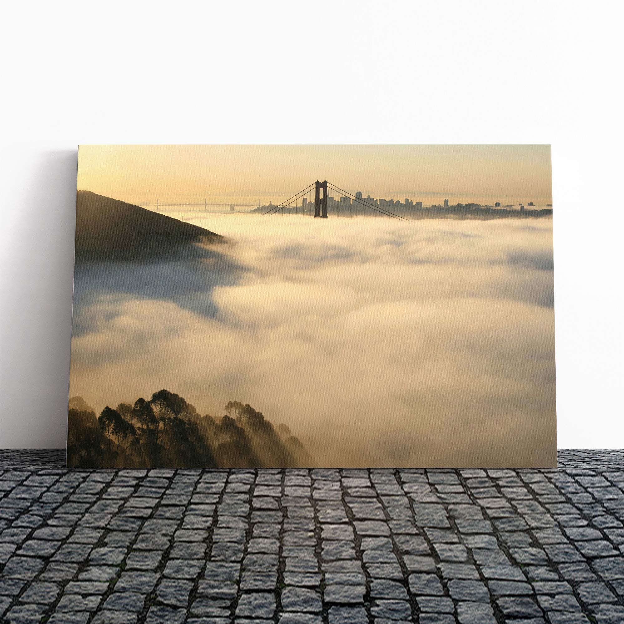 San Francisco Fog Golden Gate Bridge Canvas Print | Gallery Wrapped 30mm Frame Wall Art | 20x14 inches | Ready to Hang | Modern Cityscape Picture | Living Room Bedroom Lounge Office
