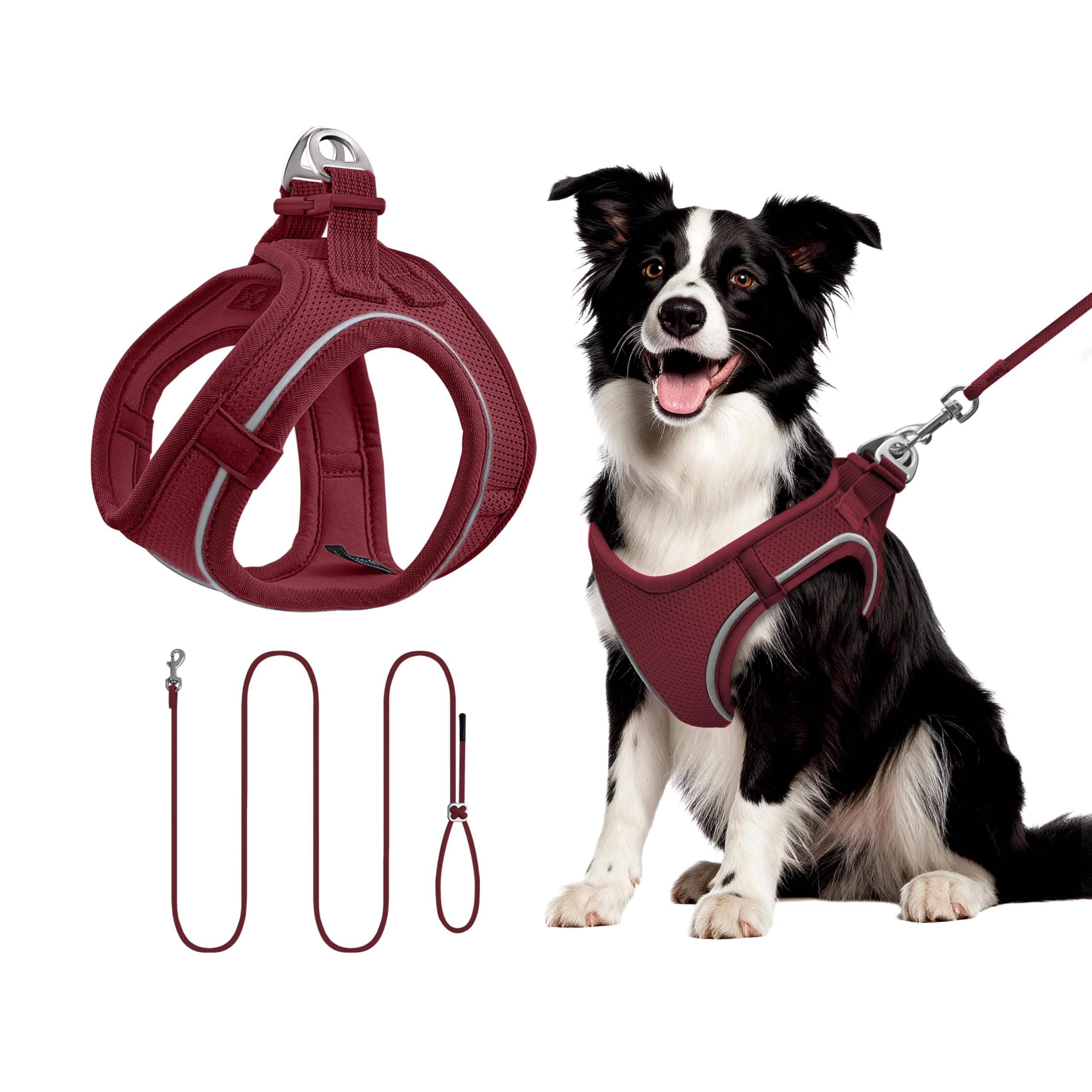 Qianruida Step-in Dog Harness, Reflective Breathable Mesh Soft Comfort Adjustable Vest Harness for Small Dogs Cats for Walking Running Training (Burgundy L)