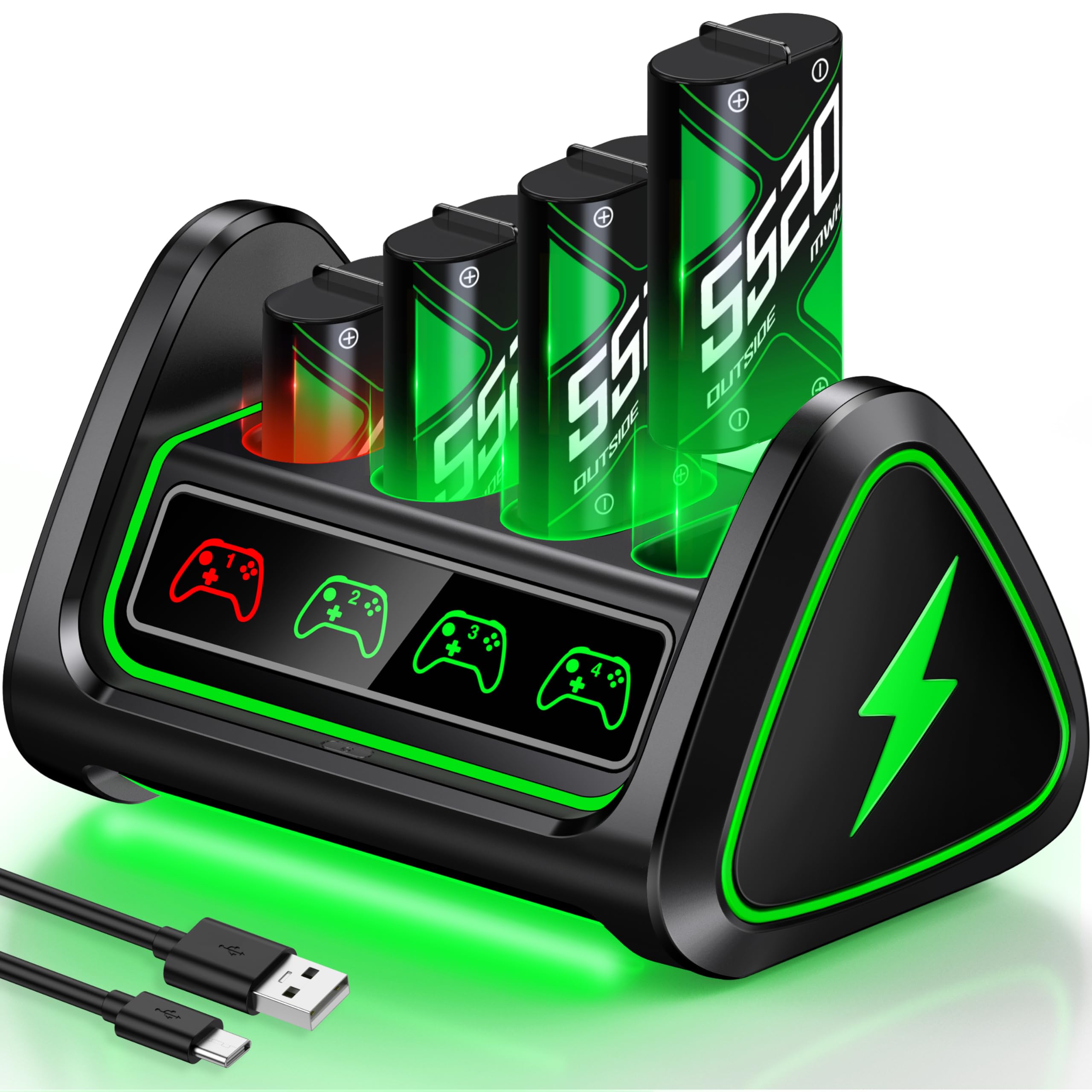 Upgraded Fast Charging Rechargeable Battery Packs with Light Control,4 x 5520mWh Replacement Batteries with Charger Dock for Xbox Series X|S, One S/X/Elite Controllers, Cases and Storage Sets,L