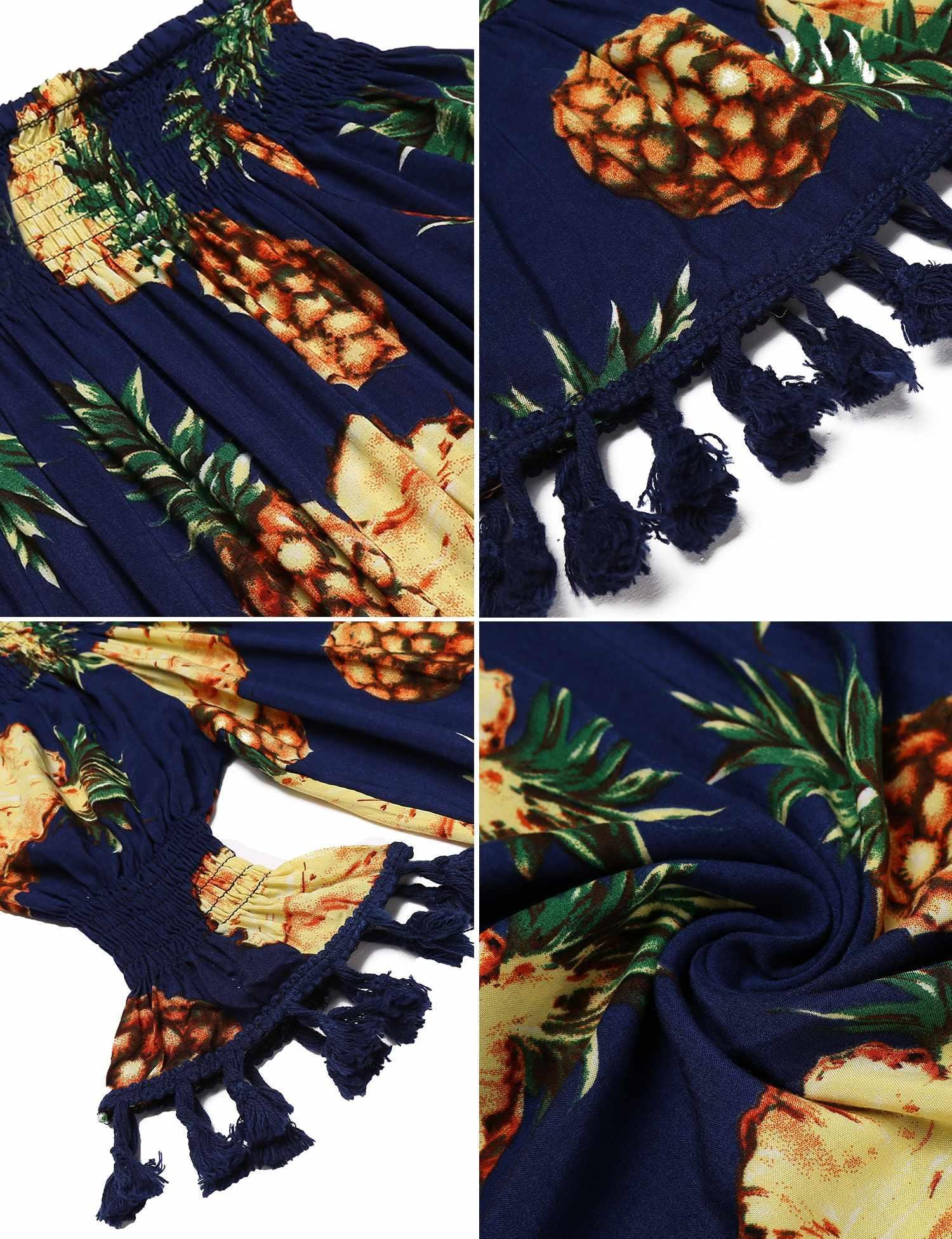 Beyove Women\'s Off Shoulder Tassel Trim Pineapple Printed Summer Party Dress,M