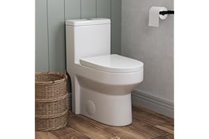 DeerValley Compact One Piece Toilet with Comfortable Seat Height, Small Modern Standard Toilet for Small Bathroom, Dual Flush 1.1/1.6 GPF, Powerful & Quiet, 12'' Rough-In Skirted Toilet