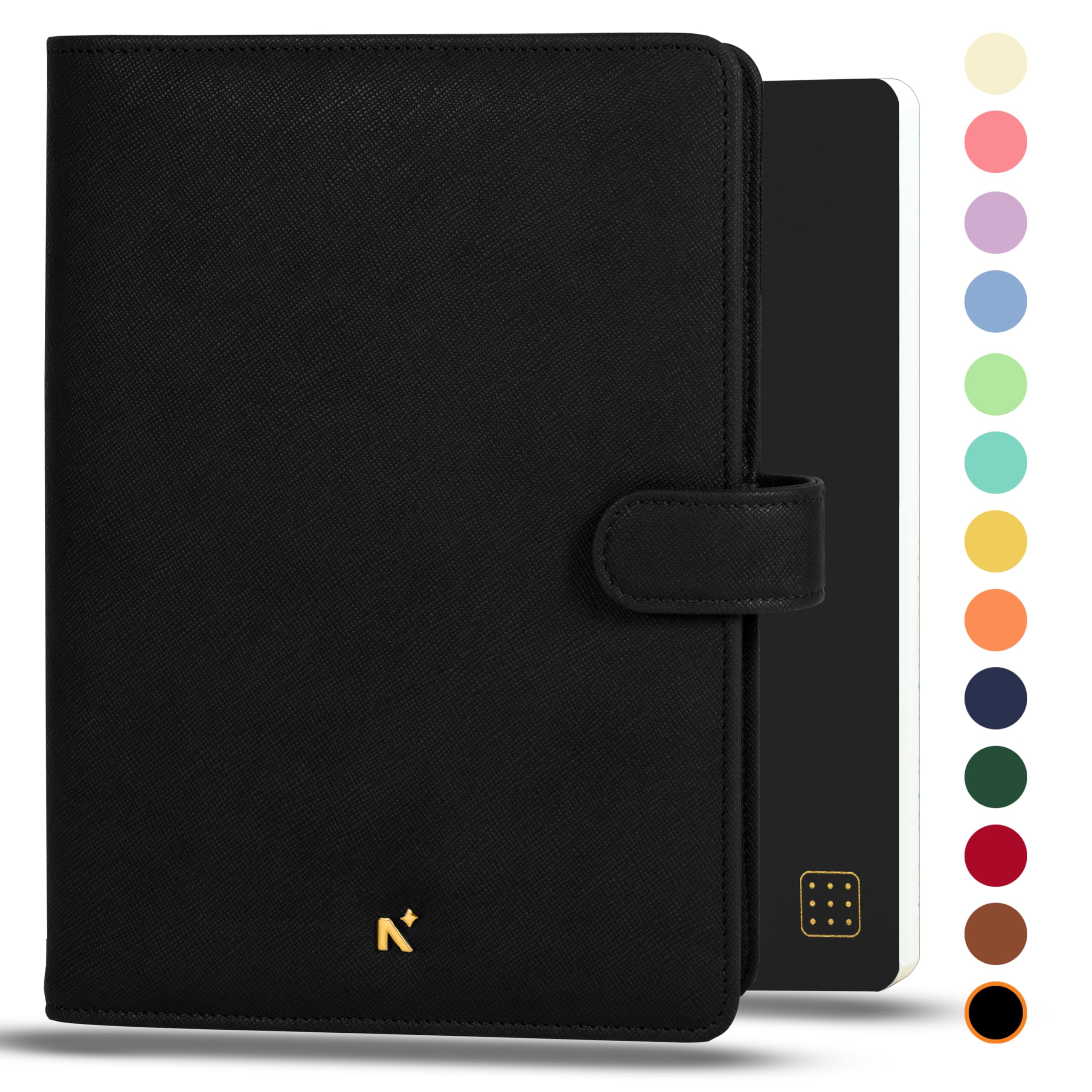 NEORAH - A5 Notebook SLEEVE with SNAP Button + Dotgrid JOURNAL | Faux Leather Sleeve + Penloop | 2 Front 1 Back compartment | 6 Card Slots| Gift Box-Fits any A5 Softcover Notebook Planner–BLACK — image 1